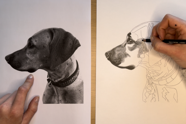 Zeichnen eines Hundeportraits mithilfe eines Referenzfotos und dem Beachten von verschiedenen Grautönen. 